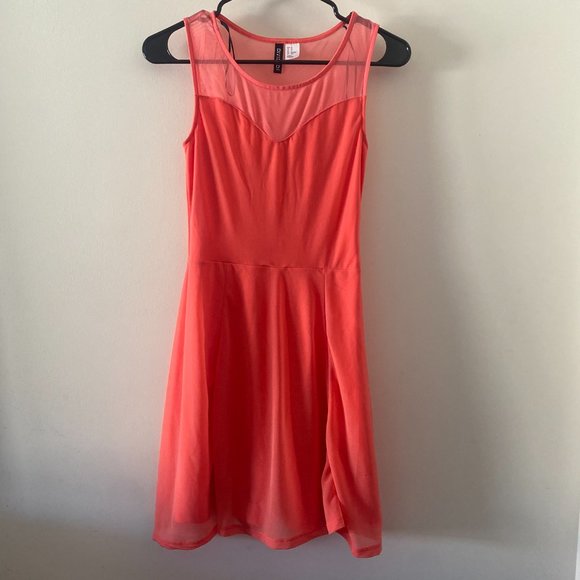Coral Fit and Flare Dress with Mesh Neckline - Picture 1 of 4